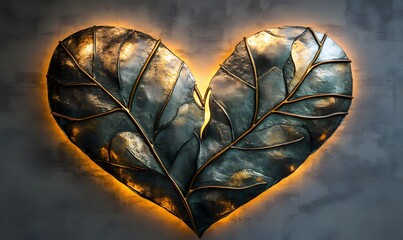 Poster - Heart shaped illuminated leaf design art piece with golden vein details and a gray background