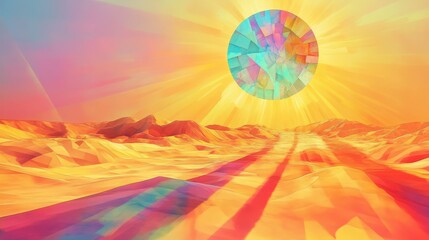 Poster - Colorful geometric planet or sun shines over a golden landscape