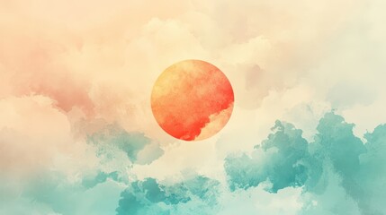 Wall Mural - Watercolor sunrise with abstract clouds and circular orange sun