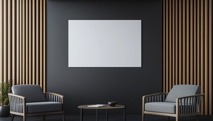Poster - Mockup Of A Poster On A Black Wall In A Modern Living Room With Gray Furniture And Wooden Decor For A Cozy And Elegant Atmosphere. Rendering.