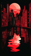 Poster - Red cityscape reflecting in the water under a full moon