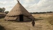 © musa - Child approaching thatched hut, rural field, history lesson