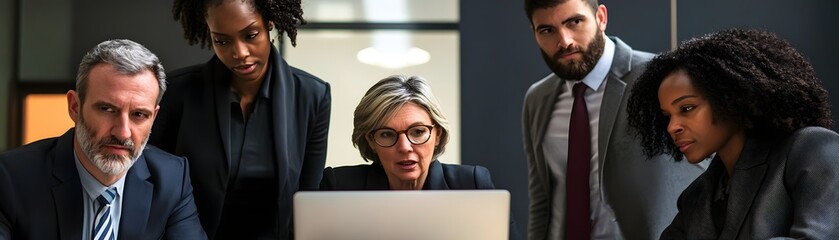 Poster - A diverse group of business professionals collaborating and analyzing data on a laptop in a modern office environment, showcasing teamwork and innovation.