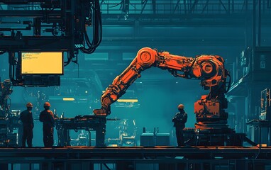Poster - A dynamic manufacturing scene showcasing an industrial robot arm working on a production line, surrounded by workers in a high-tech facility.