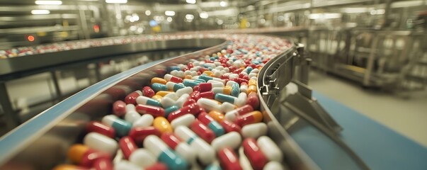 Poster - A dynamic view of pharmaceutical capsules on a conveyor belt in a factory. The vibrant colors of the capsules highlight the scale of production.