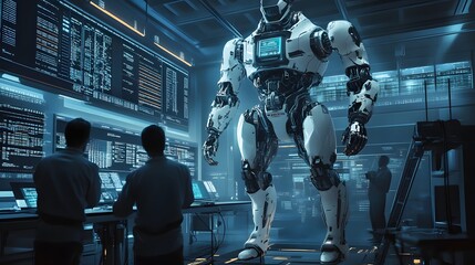 Poster - A futuristic scene featuring a large humanoid robot standing in a high-tech control room, monitored by two engineers, showcasing advancements in robotics.