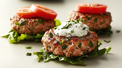 Wall Mural -   A photo of a burger in detail, showing lettuce and tomatoes on a white background, with a tomato slice on top of the burger