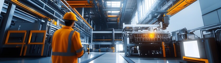 Poster - An industrial worker in safety gear surveys a high-tech manufacturing facility filled with advanced machinery and vibrant lighting.