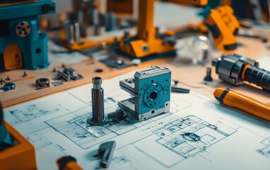 Poster - An industrial workspace showcasing intricate mechanical components and blueprints. Tools and designs symbolize precision and engineering creativity.