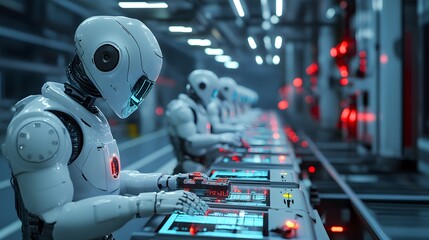 Poster - Futuristic robots operate advanced machines in a high-tech industry setting. The scene highlights automation and innovation in modern manufacturing.