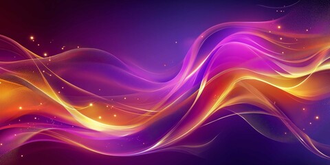 Wall Mural - Dynamic neon wave patterns create a radiant and artistic abstract background in purple and gold hues for modern design projects and creative presentations