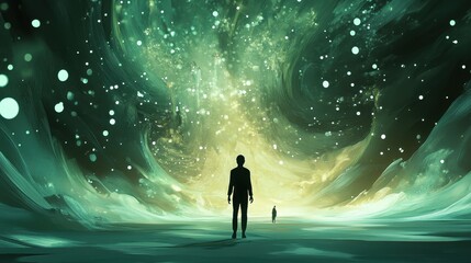 Wall Mural - A figure contemplates an ethereal cosmic landscape with swirling nebulas