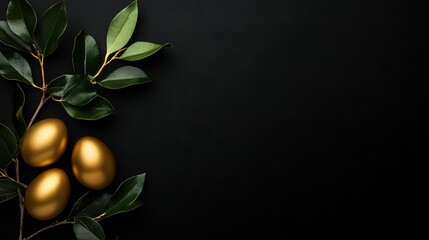 Poster -   Golden eggs perch on green leaves in black background, with text space