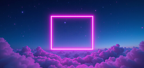 Poster - A vibrant neon square emits a pink glow in the twilight sky. Fluffy clouds surround the square, creating a surreal atmosphere filled with stars