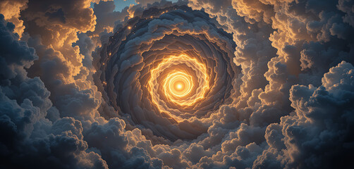 Poster - A dramatic spiral of clouds forms an ethereal tunnel, drawing the eye toward a radiant golden light at the center. The scene is breathtaking, evoking a sense of wonder and mystery