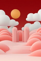 Canvas Print - 3D Abstract Scene, Pink Arches, Steps, Clouds, Sunset