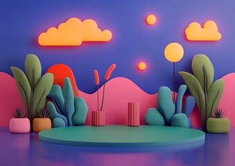 Poster - 3D vibrant plants stage, abstract design, night scene, product display