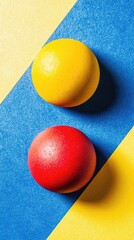 Poster - Red and yellow spheres on blue and yellow background. Abstract image for design