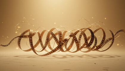 Poster - Curled film strips swirl elegantly in warm golden light, creating a captivating and artistic representation that reflects the beauty of cinema and storytelling