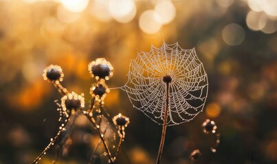 Wall Mural - A spiderweb glistening with dew drops, contrasted against a dark background with bokeh.