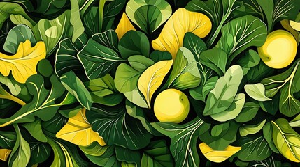 Wall Mural -   A monochromatic painting of lemons against a black backdrop, with a touch of yellow flowers and surrounding greenery on either side