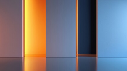 Poster - Soft, warm light in shades of orange and blue filters through sleek, minimalist doors in a contemporary setting, creating an inviting atmosphere during the evening