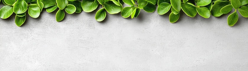 Wall Mural - Green leaves border on gray background; nature, spring, design, website, banner