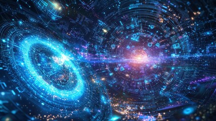 Fototapete - Colorful digital elements come together in a dynamic display, showcasing futuristic technology and cosmic aspects. This vivid design captures the essence of innovation and imagination