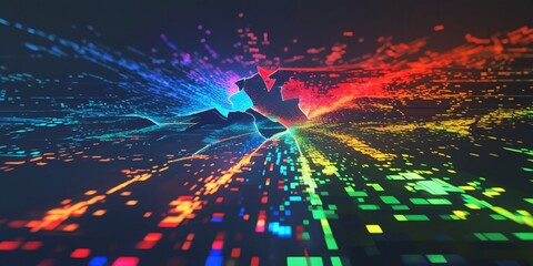 Abstract Data Explosion: Colorful Light Streaks and Pixelated Forms
