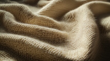 Poster - Delicate beige fabric lies gracefully on a surface, showcasing its soft texture and inviting warmth under natural light. The folds and ripples create an aesthetic appeal