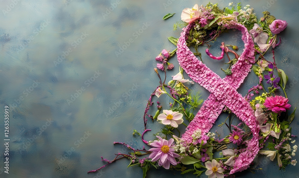 Artistic portrayal of a breast cancer awareness ribbon woven with ...
