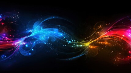 Poster - Colorful waves of blue, pink, and gold swirl dynamically across a dark background, creating a mesmerizing effect with sparkling highlights and flowing lines