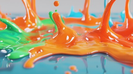 Poster - Colorful paint drops collide and mix, generating vibrant splashes in shades of orange, blue, green, and more. The reflective surface enhances the striking visual effect