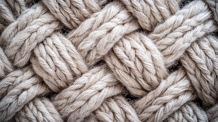 Poster - Textured pattern of woven soft beige yarn highlights the intricate design and craftsmanship. The natural light enhances the details of the fibers and knots, creating an appealing aesthetic