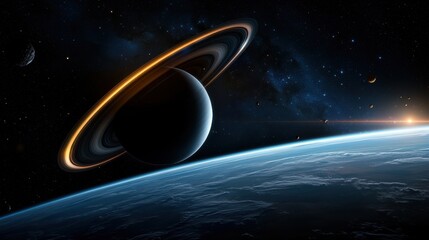 Wall Mural - saturn's stunning rings and dark surface are illuminated by a distant sun, rising over a beautifully