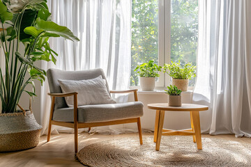 Bright and cozy corner with a modern chair and greenery indoors