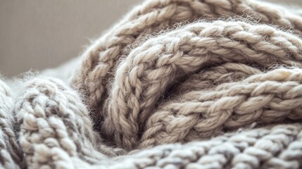 Poster - A large knitted wool blanket is elegantly piled on a soft surface, showcasing intricate textures and patterns. The warm light enhances the cozy atmosphere, inviting relaxation