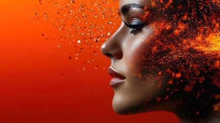 Poster - A woman's profile is portrayed against an intense orange background, with colorful particles and textures exploding from her head, symbolizing creativity and imagination in a stunning visual display