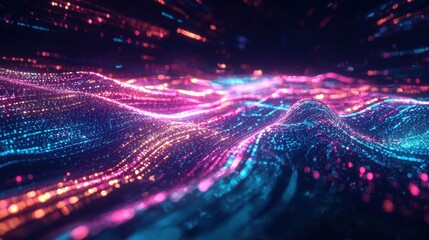 Fototapete - Display of mesmerizing glowing waves illuminated in vivid colors, creating an abstract representation of a digital landscape at night. The scene captivates with its vibrant energy
