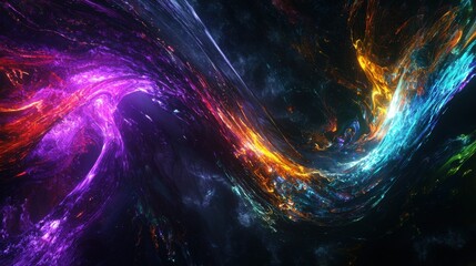 Poster - Vibrant swirls of energy and light blend together in a cosmic background. The composition features shades of purple, orange, and blue flowing dynamically, creating a sense of motion and depth