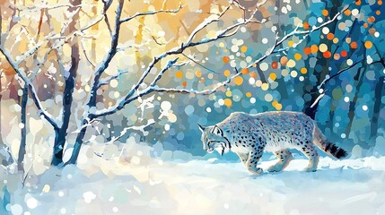 Poster -   A snow leopard in snow before an orange-yellow tree