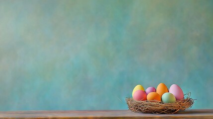 Wall Mural -   A colorful bird's nest overflowing with eggs rests atop a wooden table against a blue-green backdrop