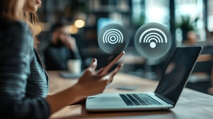 Poster - Woman using laptop and smartphone with wireless signal icons.