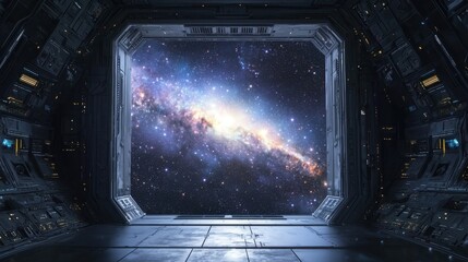 Wall Mural - inside a high-tech spacecraft, a large observation window reveals a stunning view of a spiral galaxy