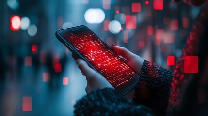 Poster - Person holding smartphone displaying red glowing code at night.