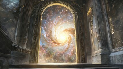 Poster - A grand doorway opens into a swirling galaxy filled with colorful stars and cosmic light, contrasting the intricate details of the surrounding architecture