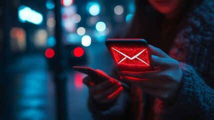 Poster - Woman checking email on phone at night in city.