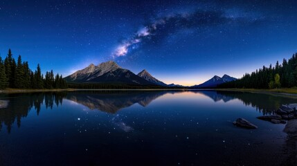 Wall Mural - Under a clear night sky, the Milky Way arcs beautifully over a calm lake surrounded by mountains. The reflections create a peaceful and majestic atmosphere at dusk
