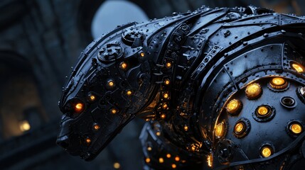 Poster - A large robotic bear stands prominently in an industrial environment during dusk. Its detailed metallic body glows with amber lights, highlighting its intricate mechanics and design