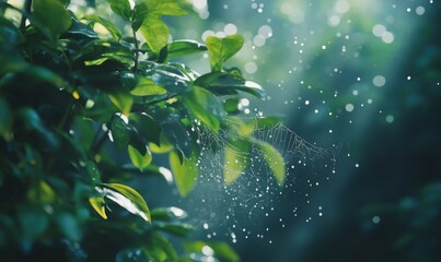 Detailed macro shot of raindrops clinging to a spiderweb in a lush garden, reflecting light and creating a delicate visual.